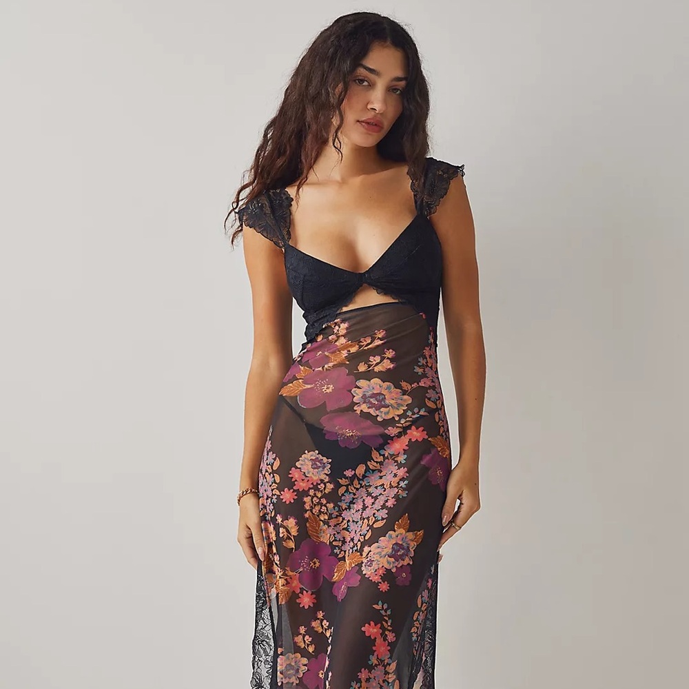 Free People Suddenly Fine Slip Dress in Black Combo (XS)